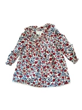Happily Grey -Floral Ruffle-Trim Long Sleeve Dress  - Red & Blue - 12M